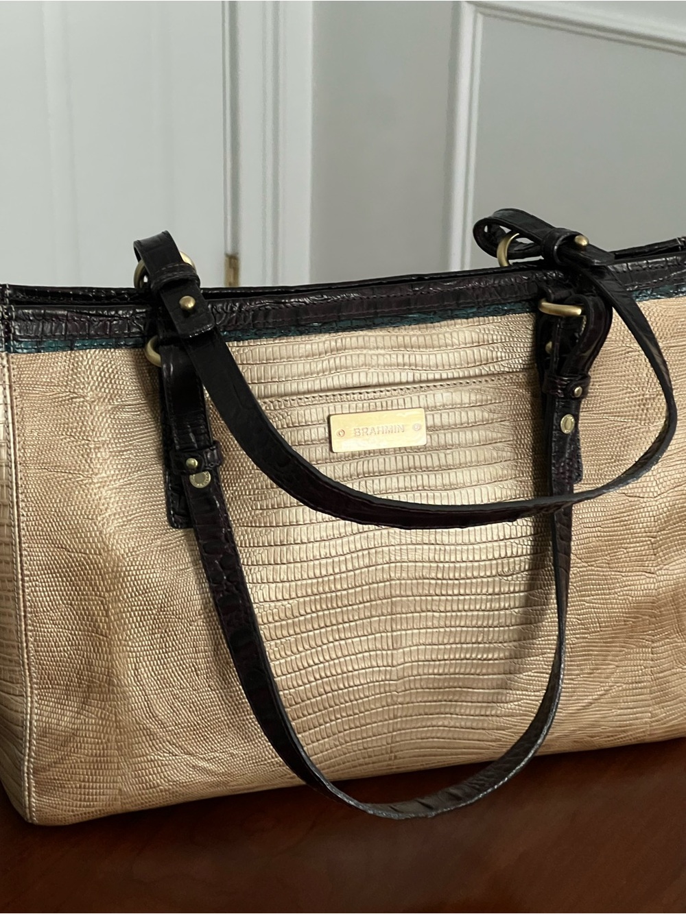 Brahmin Beige Tote with Dark Brown Croc-Trim and Gold Plaque